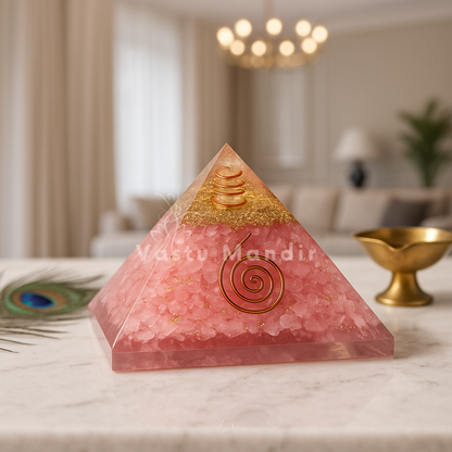 Rose Quartz Orgonite Pyramid on a marble surface, blurred indoor background