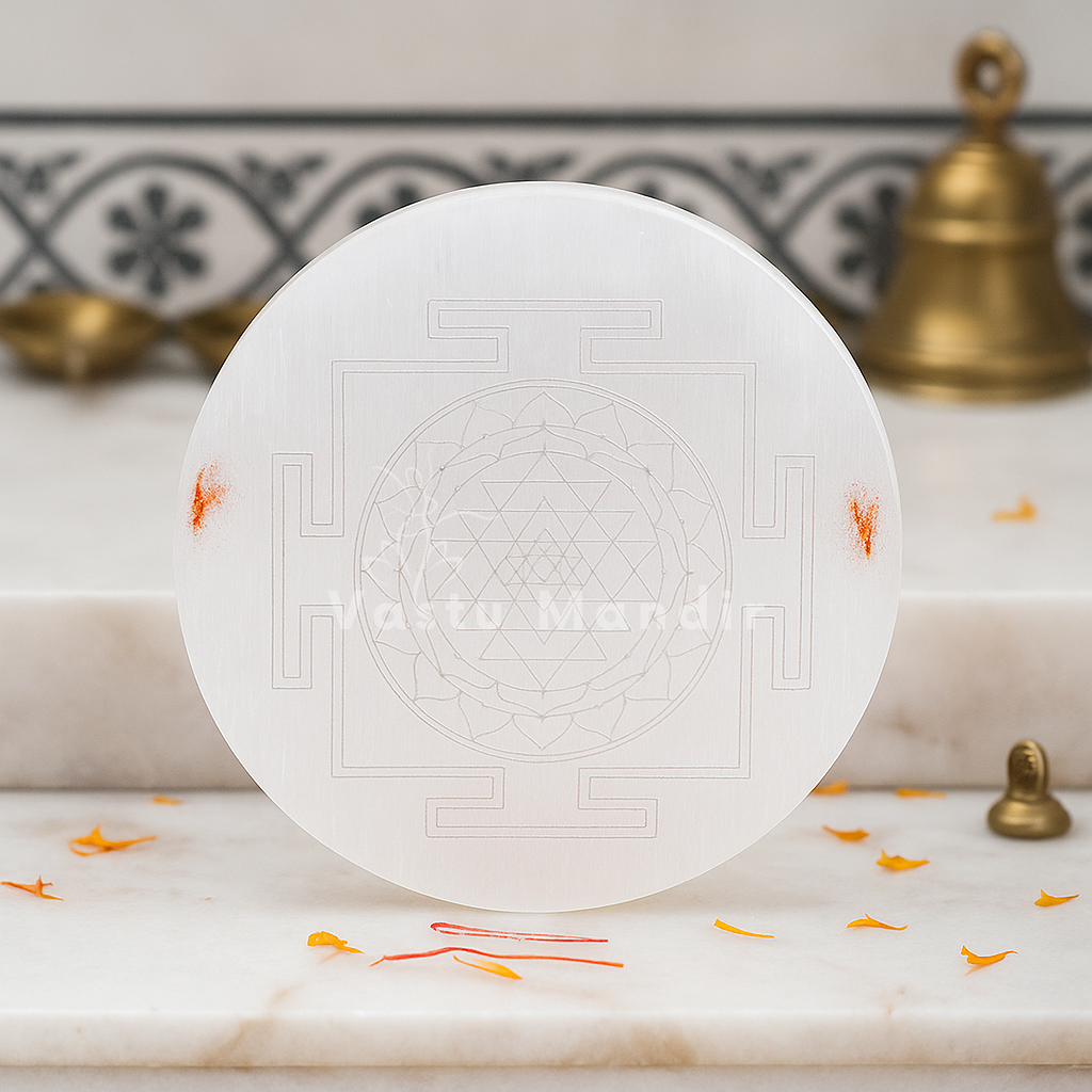 Premium 3-Inch Shree Yantra Selenite Plate for Wealth Attraction, Prosperity, and Divine Abundance | Vastu Crystal Charging Plate By Vastu Mandir