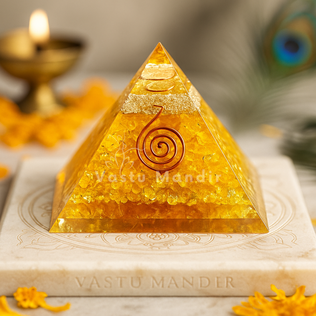 Authentic Citrine crystal pyramid placed in the North Zone to invoke Kuber's grace and professional success.

