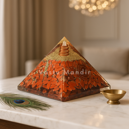 Red Jasper Orgonite Pyramid on a marble surface, featuring 'Vastu Mandir' branding.