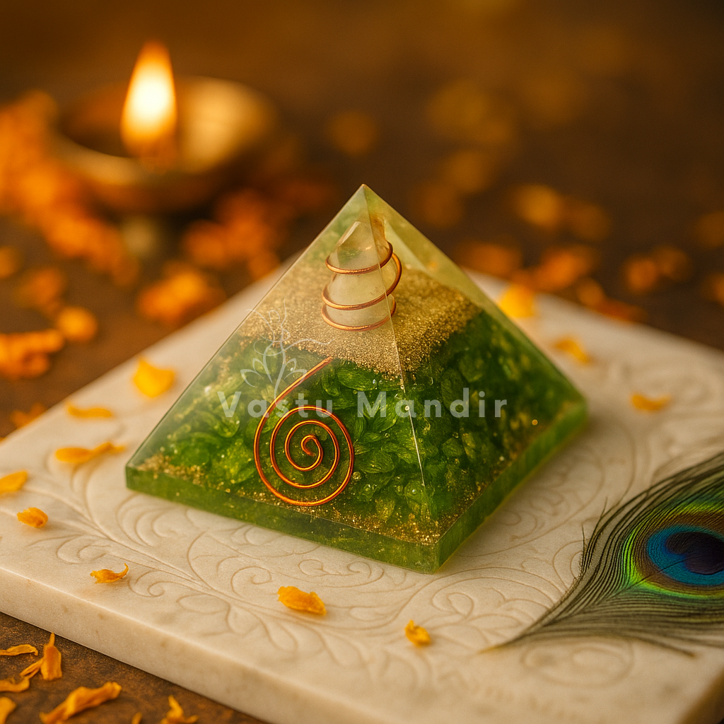 Pyramid-shaped object with a spiral design on a decorative surface with a candle and peacock feather.