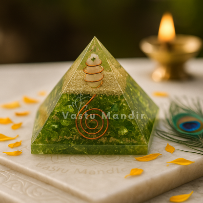 Peridot Orgonite Pyramid with 'Vastu Mandir' branding on a marble surface with decorative elements.