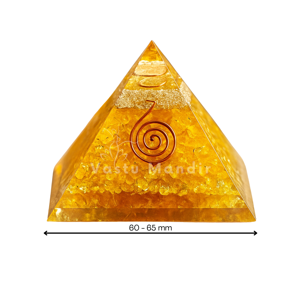 Authentic Citrine crystal pyramid placed in the North Zone to invoke Kuber's grace and professional success on a white background, labeled 'Vastu Mandir'.
