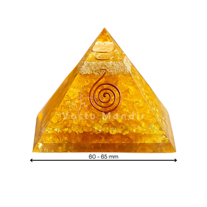 Authentic Citrine crystal pyramid placed in the North Zone to invoke Kuber's grace and professional success on a white background, labeled 'Vastu Mandir'.