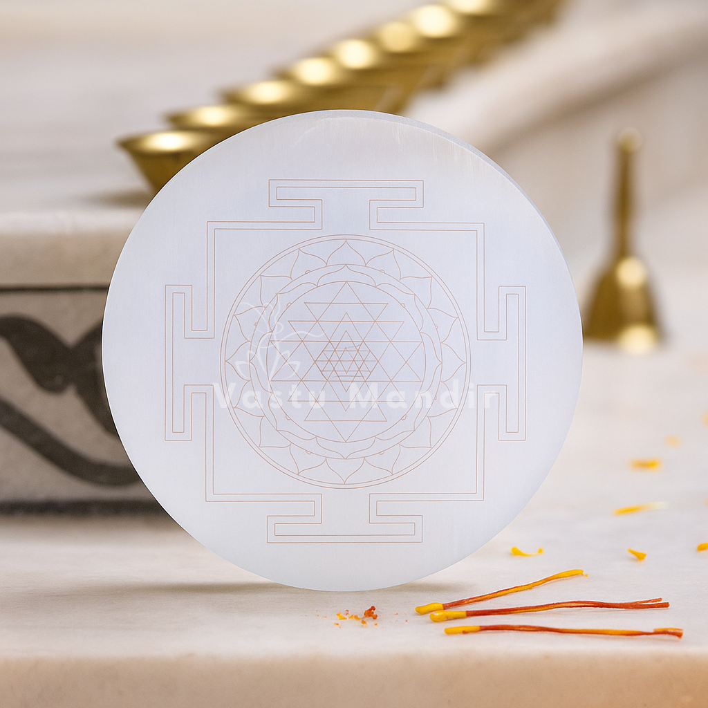 Premium 3-Inch Shree Yantra Selenite Plate for Wealth Attraction, Prosperity, and Divine Abundance | Vastu Crystal Charging Plate By Vastu Mandir