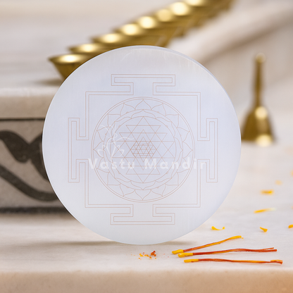 Premium 3-Inch Shree Yantra Selenite Plate for Wealth Attraction, Prosperity, and Divine Abundance | Vastu Crystal Charging Plate By Vastu Mandir