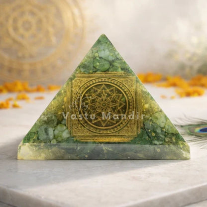 Green Mica Shree Yantra Pyramid Vastu Remedy for Health Support, Emotional Healing and Heart Chakra Balance for Home, Meditation and Healing Spaces | 6.5 cm | 120 g
