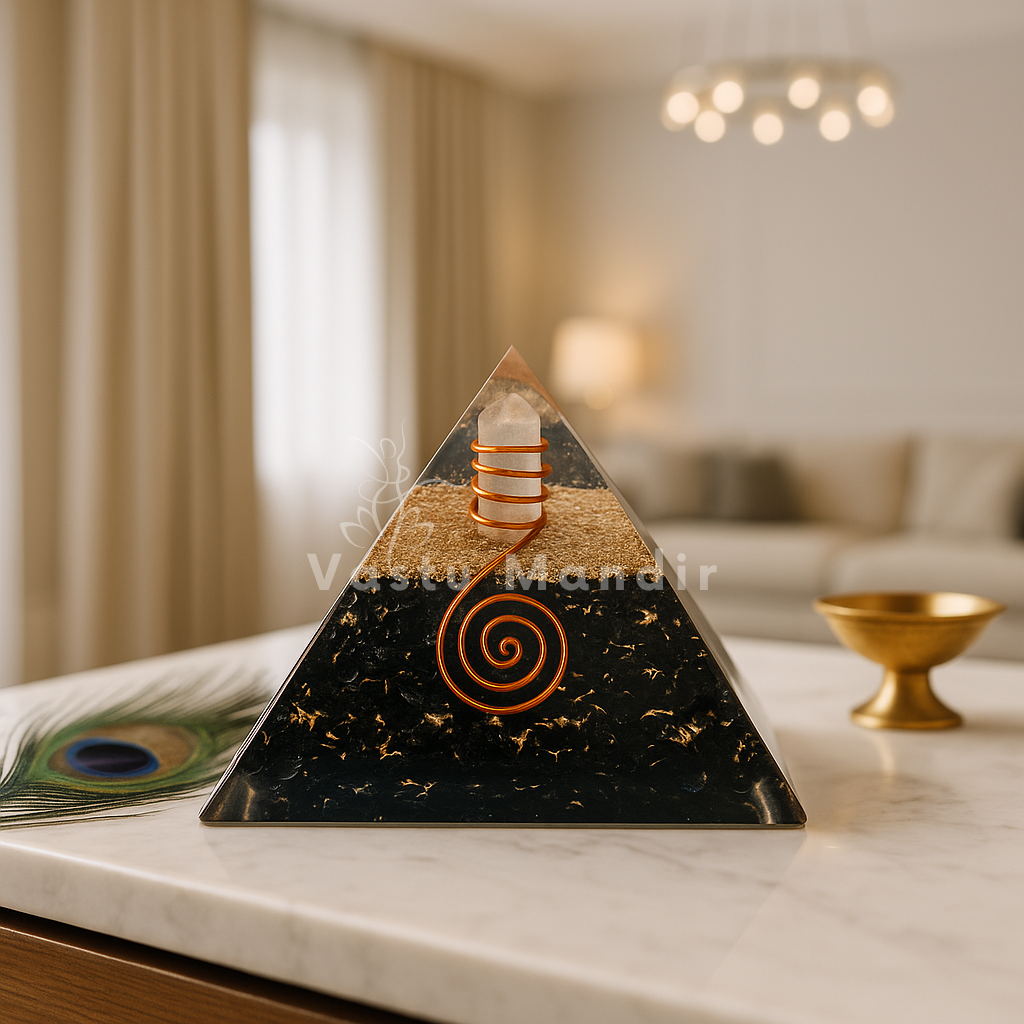 Black Tourmaline Protection Pyramid on a marble surface in a living room setting.