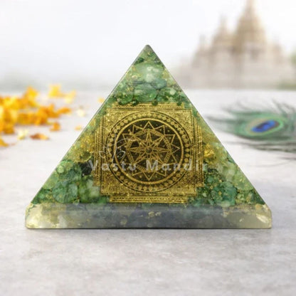 Green Mica Shree Yantra Pyramid Vastu Remedy for Health Support, Emotional Healing and Heart Chakra Balance for Home, Meditation and Healing Spaces | 6.5 cm | 120 g