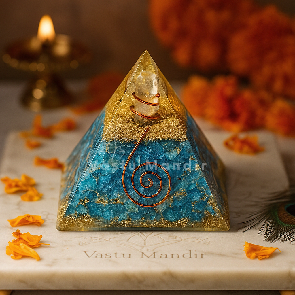 Turquoise Firoza Orgonite Pyramid used as a Vastu remedy to enhance communication and business clarity, on a marble surface, surrounded by flowers and a lit candle.