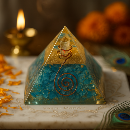 Turquoise Firoza Orgonite Pyramid used as a Vastu remedy to enhance communication and business clarity. vastu pyramid on a decorative surface with candles and flowers.