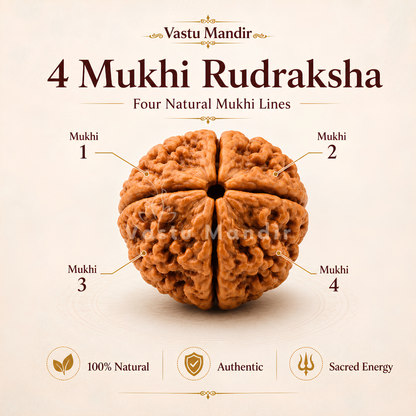 Lab Tested 4 Mukhi Rudraksha – Vastu Remedy for Knowledge, Creativity & Memory Power | Ideal for North-East Study Rooms
