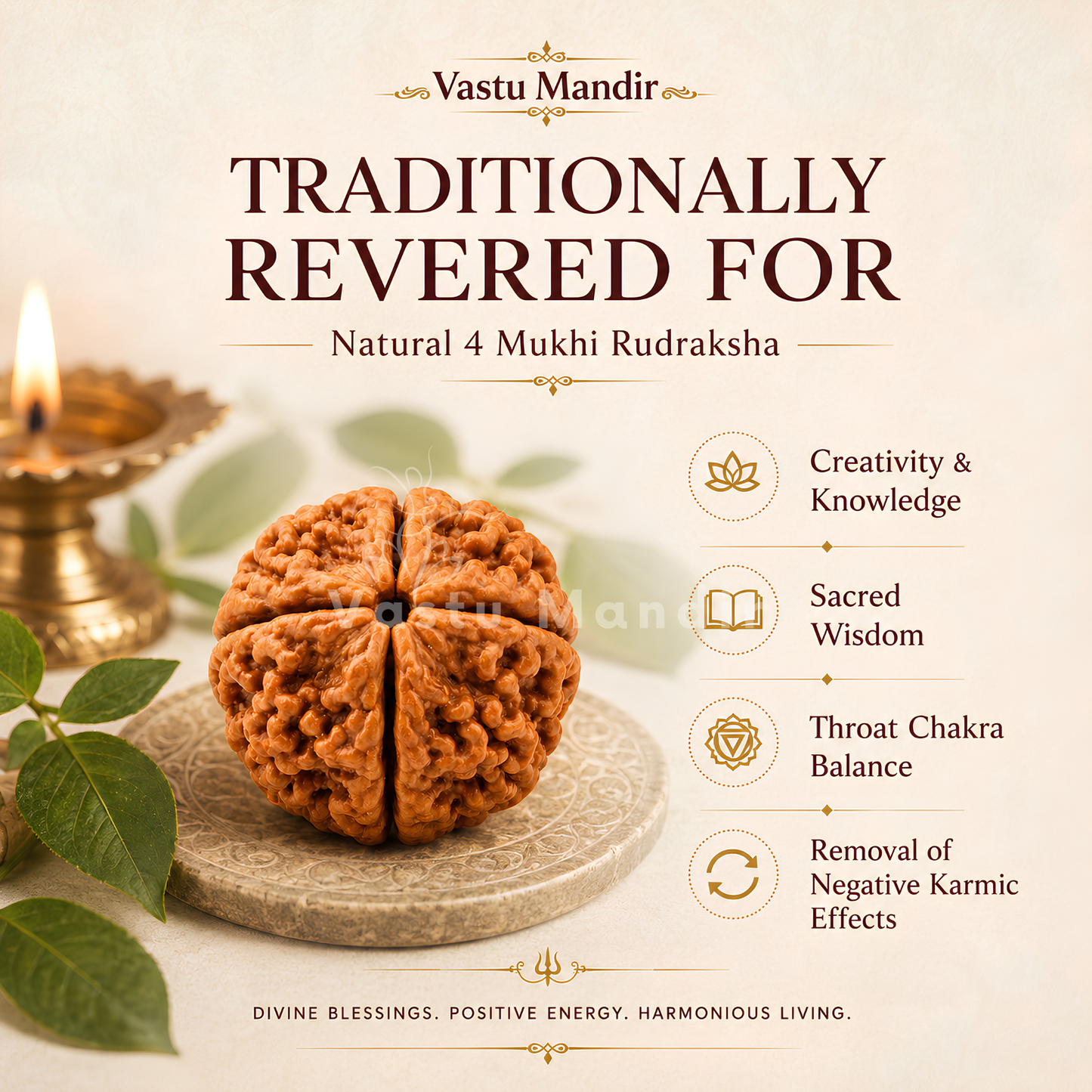 Lab Tested 4 Mukhi Rudraksha – Vastu Remedy for Knowledge, Creativity & Memory Power | Ideal for North-East Study Rooms