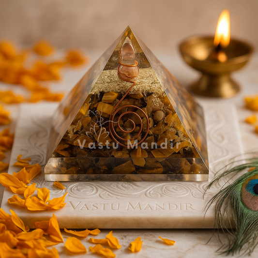 Tiger Eye Orgonite Pyramid used as a Vastu remedy to boost courage and willpower for career success. pyramid by Vastu Mandir with decorative elements on a light background