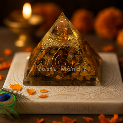 Vastu tool containing Tiger Eye and copper coil, used for enhancing practicality and achieving professional goals.
