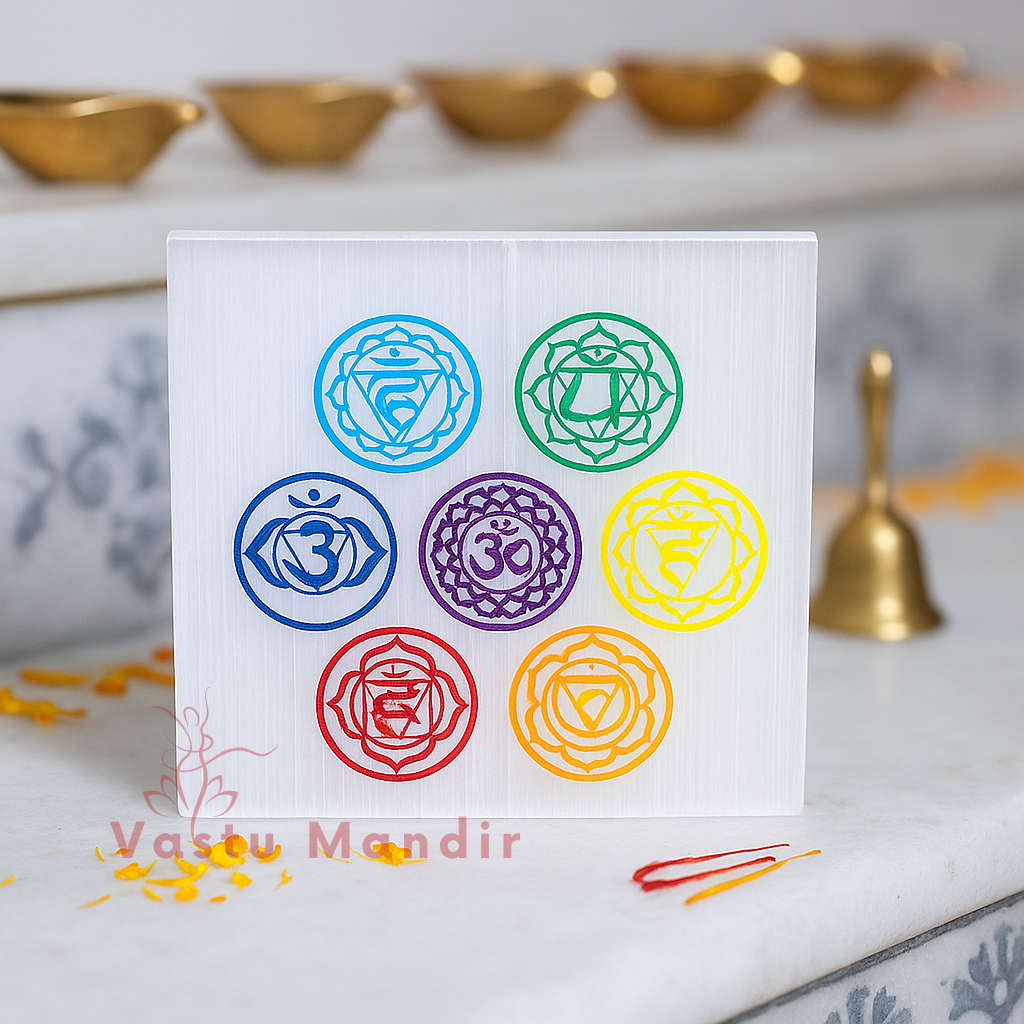 Premium 3-Inch 7 Chakra Selenite Plate for Energy Balancing, Full Alignment, and Instant Crystal Cleansing | Vastu Healing Charger By Vastu Mandir