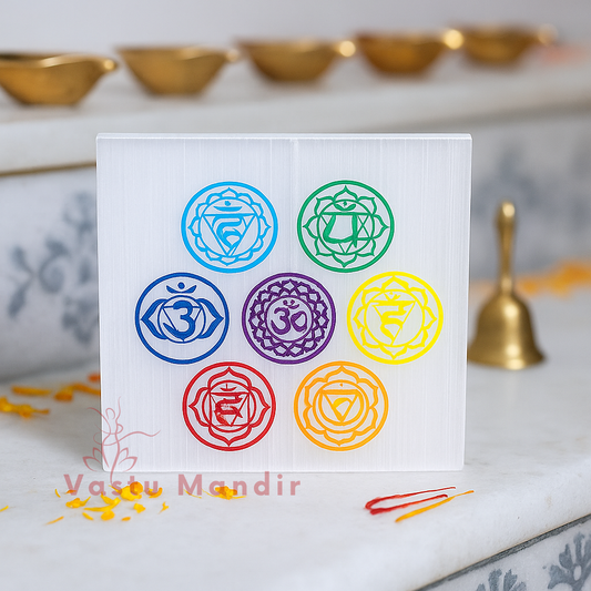 Premium 3-Inch 7 Chakra Selenite Plate for Energy Balancing, Full Alignment, and Instant Crystal Cleansing | Vastu Healing Charger By Vastu Mandir