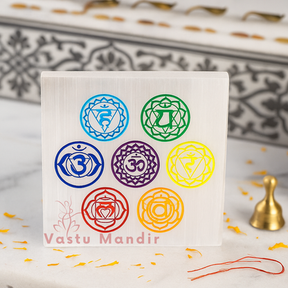 Premium 3-Inch 7 Chakra Selenite Plate for Energy Balancing, Full Alignment, and Instant Crystal Cleansing | Vastu Healing Charger By Vastu Mandir
