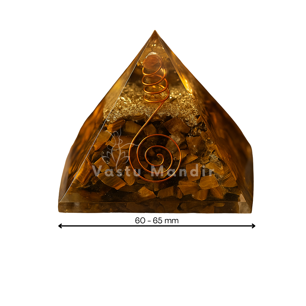 Golden-brown Tiger Eye crystal pyramid activating the Solar Plexus Chakra for self-esteem and confidence.

