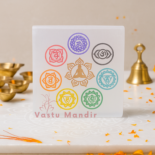 Premium 3-Inch Square 7 Chakra Selenite Plate for Grounded Alignment, Vastu Stability, and Full Energy Balancing | Essential Crystal Charger By Vastu Mandir