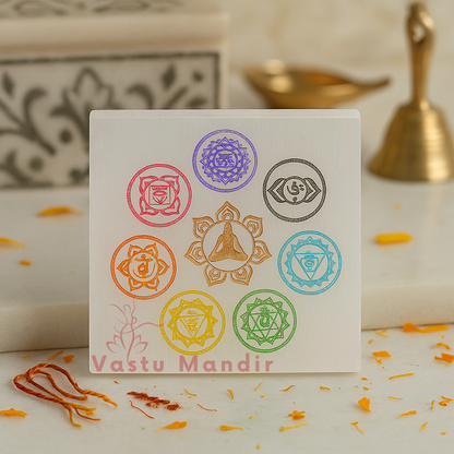 Premium 3-Inch Square 7 Chakra Selenite Plate for Grounded Alignment, Vastu Stability, and Full Energy Balancing | Essential Crystal Charger By Vastu Mandir
