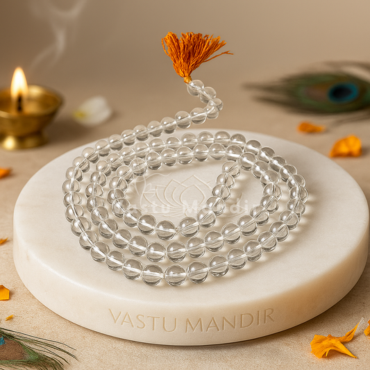 Sphatik mala beads clear quartz on a marble base with 'VASTU MANDIR' branding, surrounded by decorative elements.