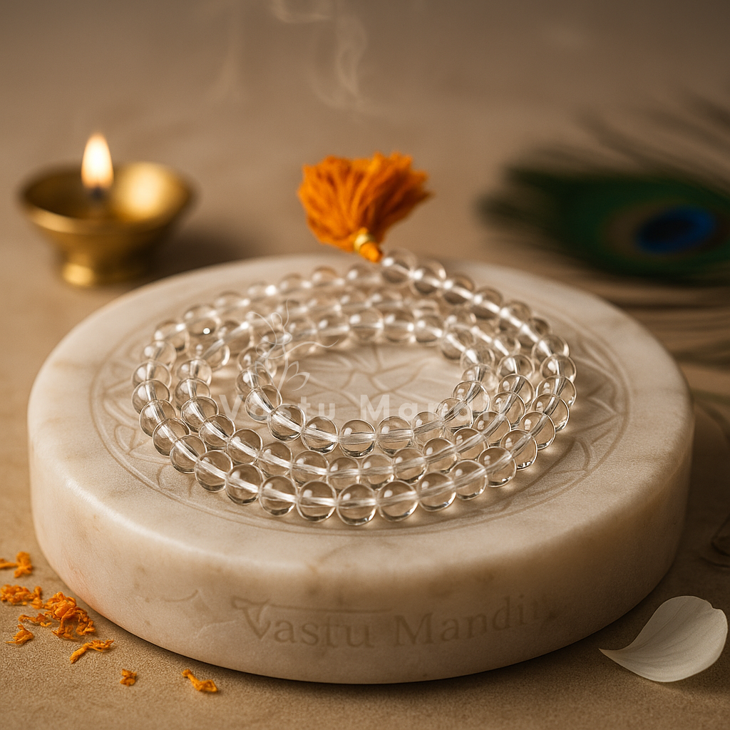 Sphatik mala 108 beads clear quartz on a marble base with a lit lamp and decorative elements in the background