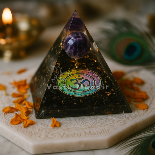 Pyramid-shaped crystal withBlack Tourmaline Sphere on a decorative base with 'Vastu Mandir' branding.