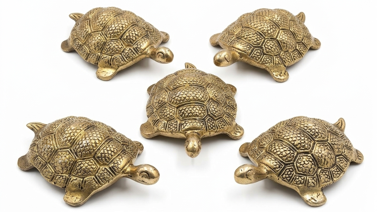 Set of five brass turtle figurines on a white background