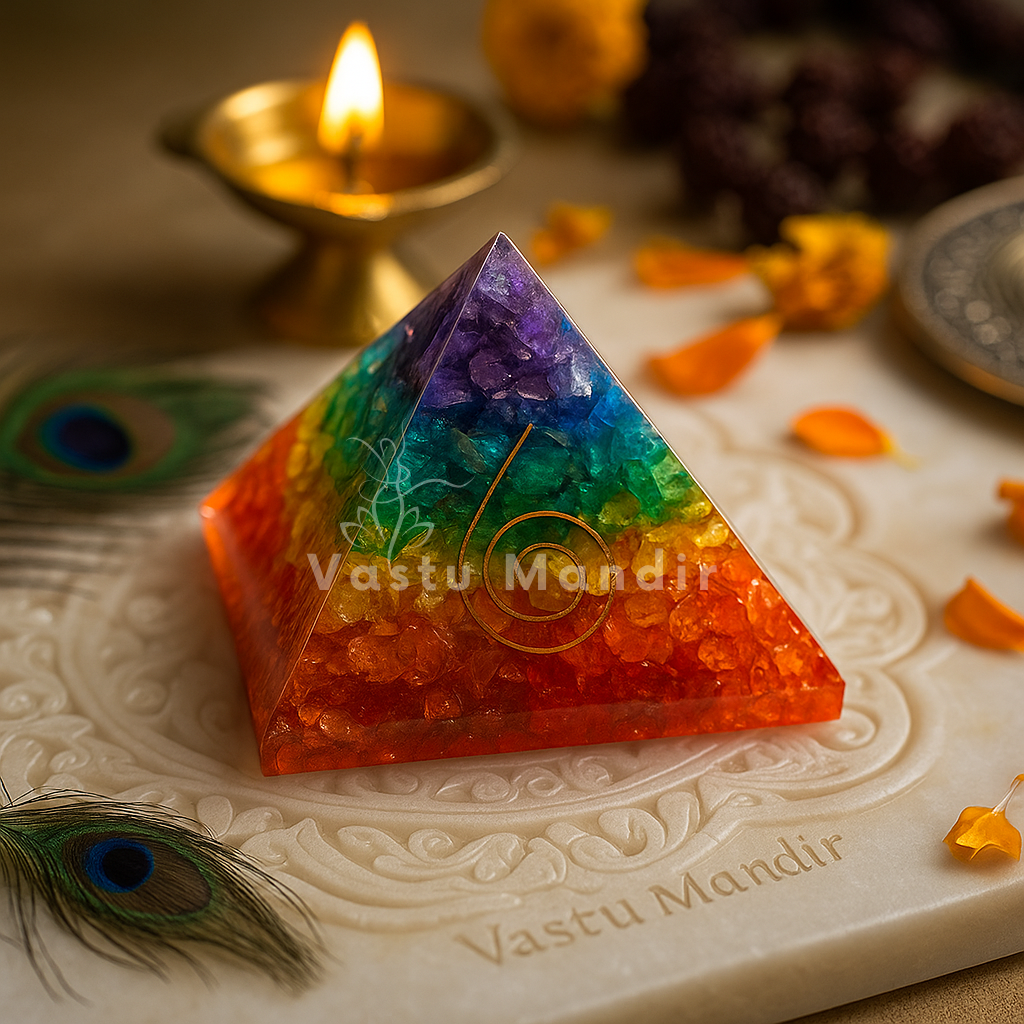 Natural 7 Chakra Vastu Pyramid on a decorative plate with 'Vastu Mandir' branding, surrounded by candles and flowers.