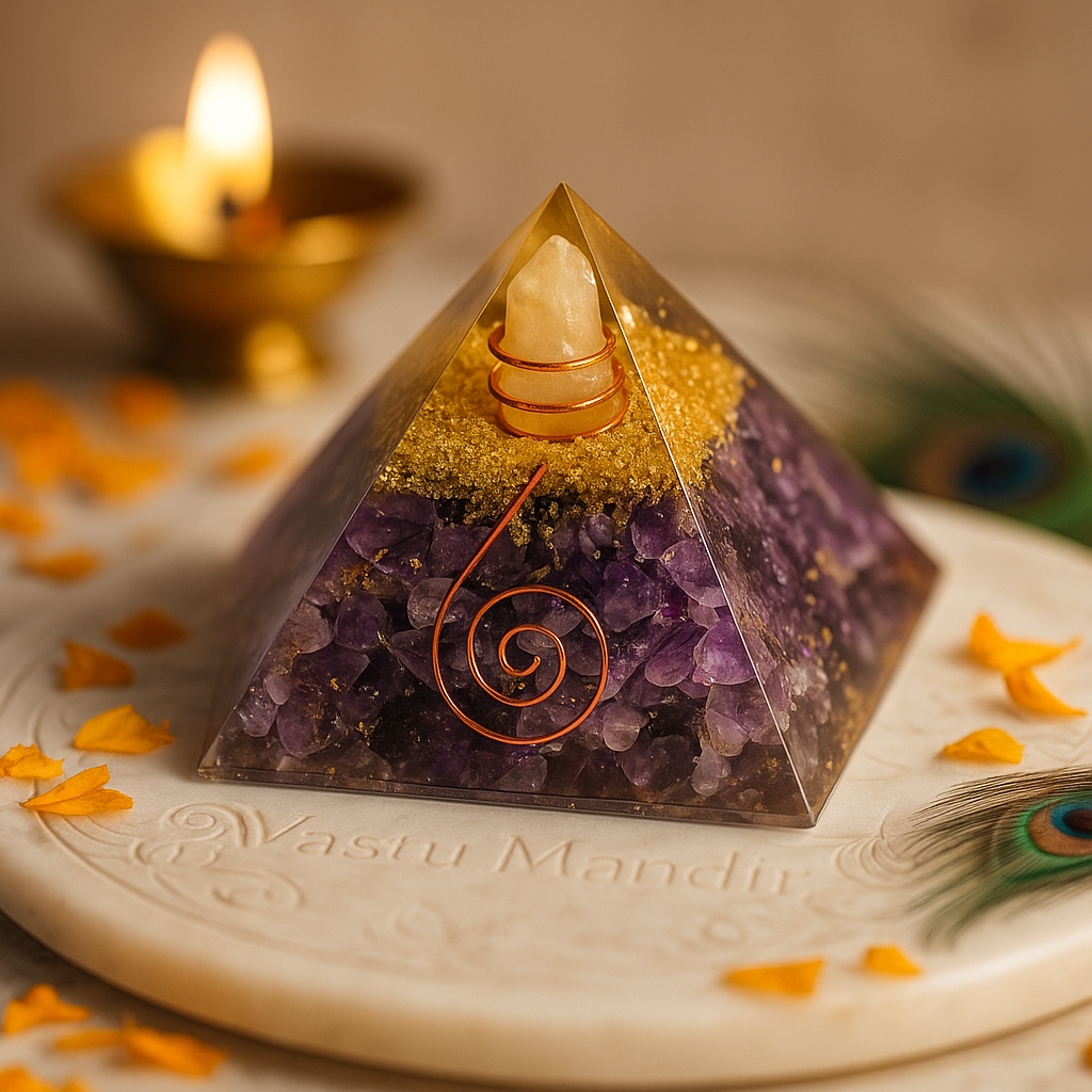 Crystal pyramid with purple stones on a decorative plate with 'Vastu Mandu' branding, surrounded by candles and peacock feathers.