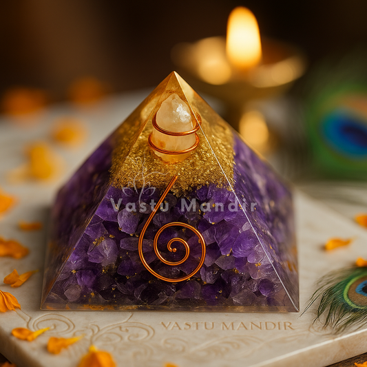 Vastu Mandir's amethyst crystal vastu pyramid with purple and gold colors on a decorative surface.