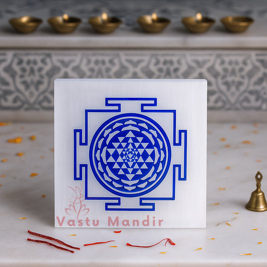 Large Sacred Blue Shree Yantra Selenite Charging Plate (4-Inch) – Ultimate Wealth Vastu Correction, Clear Intent, and Continuous Purification | Premium Prosperity Tool