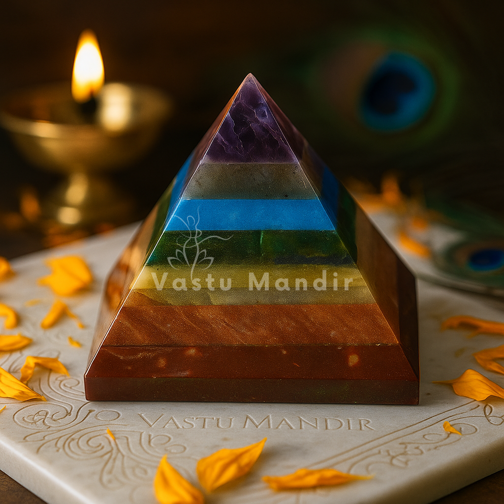 7 layer pyramid positive energy and chakra alignment on a marble with 'Vastu Mandir' branding on a decorative surface with a candle in the background.