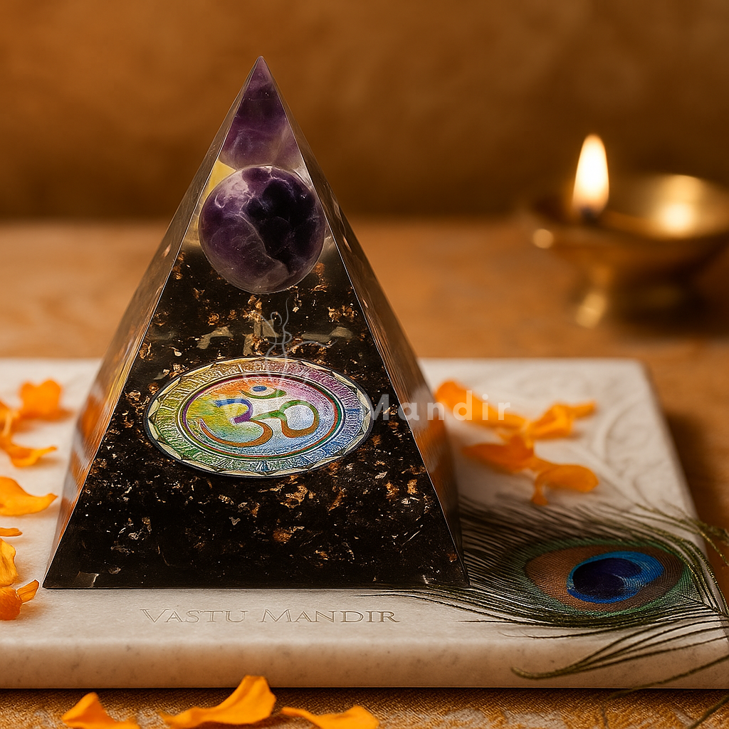 Pyramid-shaped crystal, Black Tourmaline Sphere with a colorful emblem on a wooden surface with a candle in the background.