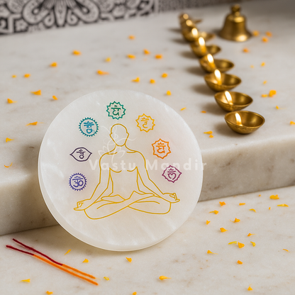Premium 4-Inch Round 7 Chakra Selenite Plate for Expanded Energy Flow, Spiritual Wholeness, and Full Alignment | High-Impact Vastu Charger By Vastu Mandir