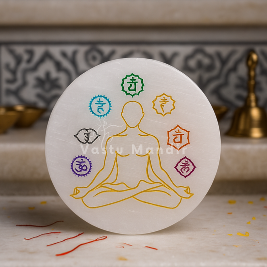 Premium 4-Inch Round 7 Chakra Selenite Plate for Expanded Energy Flow, Spiritual Wholeness, and Full Alignment | High-Impact Vastu Charger By Vastu Mandir