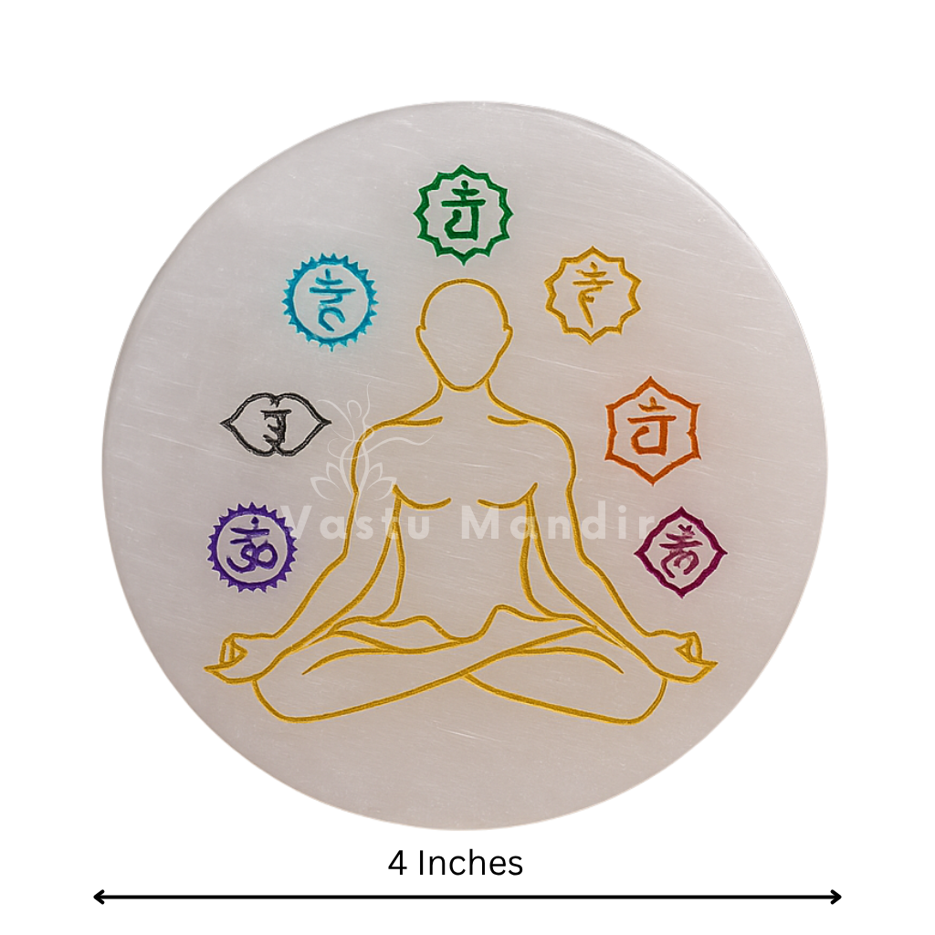 Premium 4-Inch Round 7 Chakra Selenite Plate for Expanded Energy Flow, Spiritual Wholeness, and Full Alignment | High-Impact Vastu Charger By Vastu Mandir