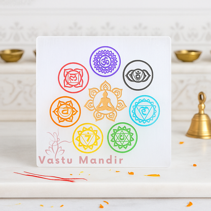 Premium 4-Inch Square 7 Chakra Selenite Plate for Grounded Alignment, Major Vastu Stability, and Full Energy Balancing | High-Impact Crystal Charger By Vastu Mandir