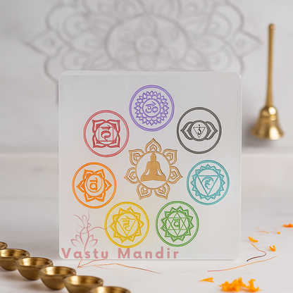 Premium 4-Inch Square 7 Chakra Selenite Plate for Grounded Alignment, Major Vastu Stability, and Full Energy Balancing | High-Impact Crystal Charger By Vastu Mandir