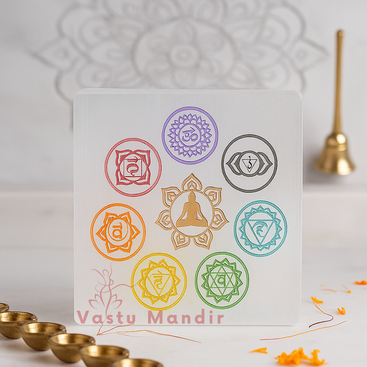 Premium 4-Inch Square 7 Chakra Selenite Plate for Grounded Alignment, Major Vastu Stability, and Full Energy Balancing | High-Impact Crystal Charger By Vastu Mandir