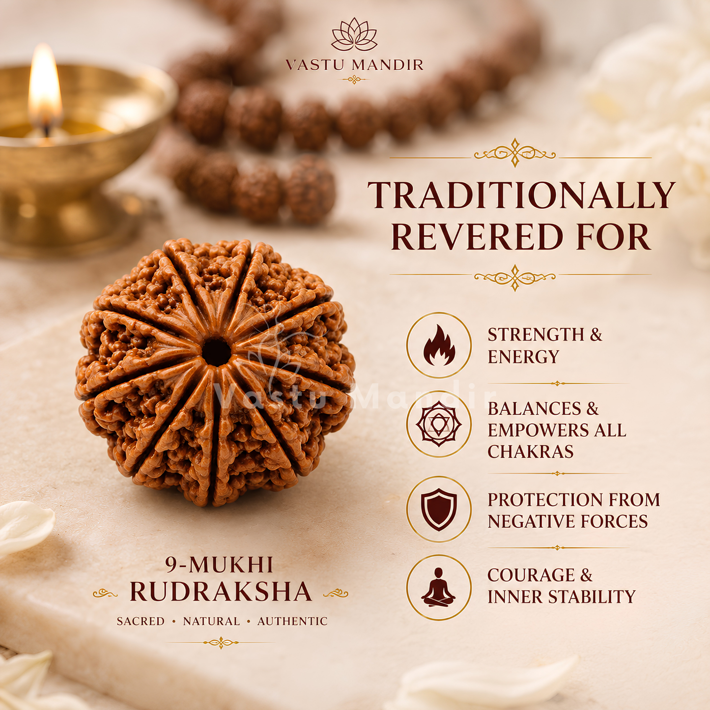 Certified 9 Mukhi Rudraksha – Vastu Remedy for Power, Courage & Durga Protection | Ideal for South Direction Strength