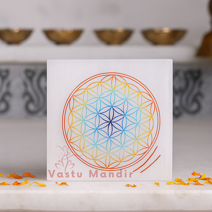 Premium 4-Inch Colored Mandala Selenite Plate for Deep Meditation Focus, Spiritual Purity, and Cosmic Order Vastu | High-Frequency Charger By Vastu Mandir