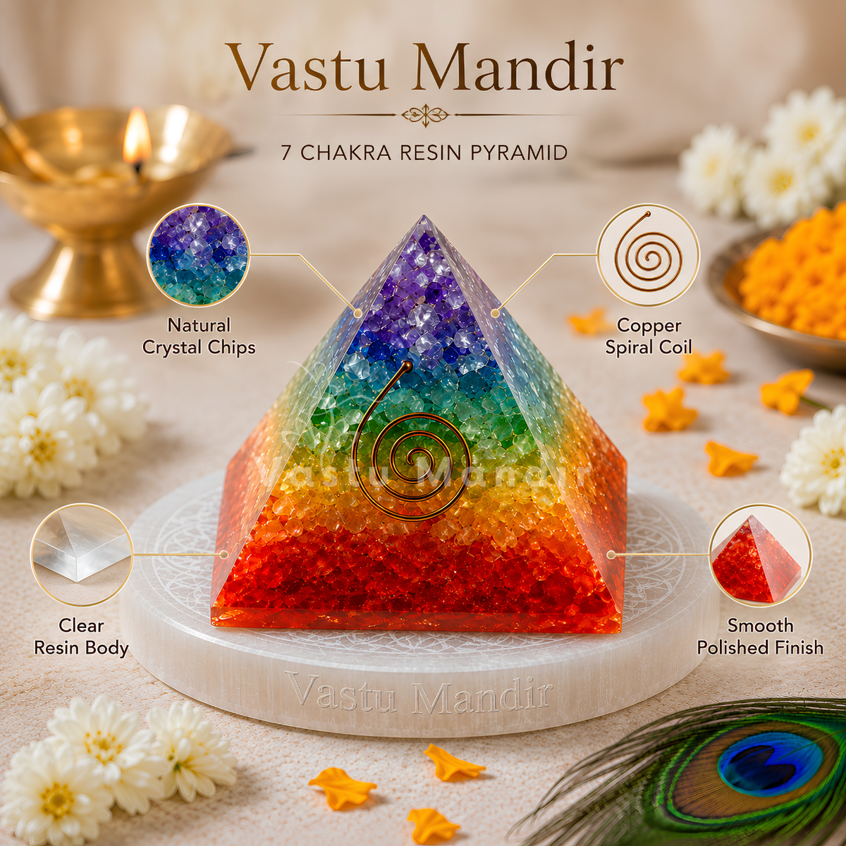 7 Chakra Orgonite Pyramid with Coil Vastu Remedy for Vastu Dosh Correction, Energy Alignment and Healing Balance for Home and Meditation Spaces | 8 cm | 130 g