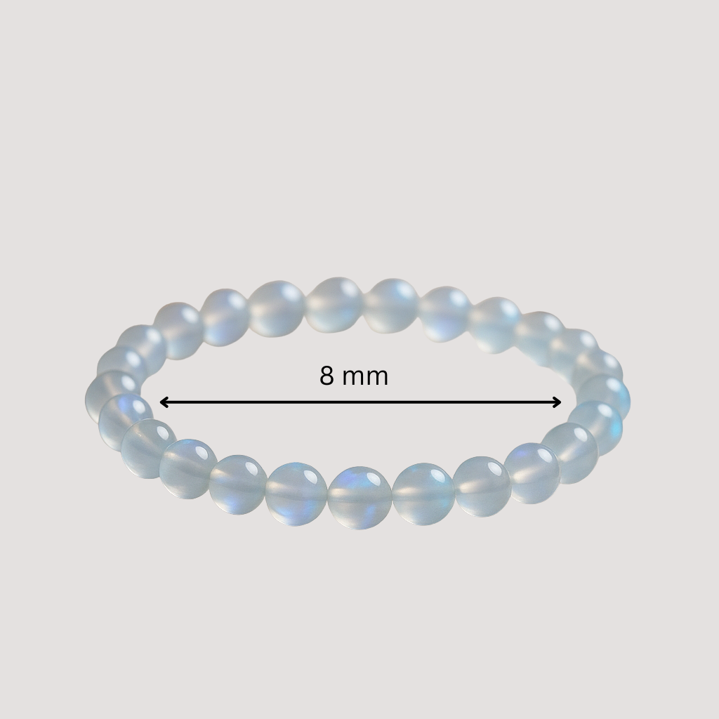 Opalite beaded bracelet with a measurement label indicating 8 mm beads on a light gray background