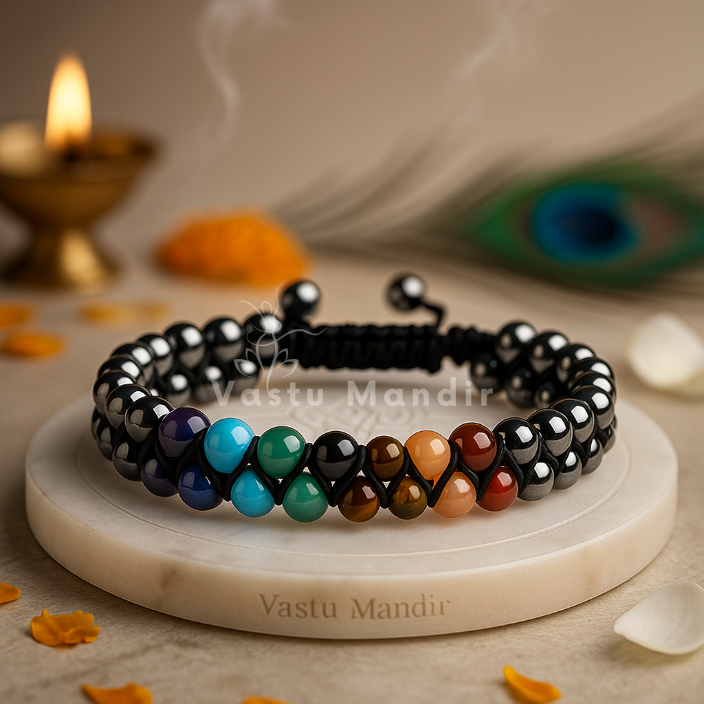 100% Natural Seven Chakra stones (Red Jasper, Carnelian, Citrine, Green Aventurine, Sodalite, Amethyst, Clear Quartz) + High-Grade Hematite beads in double layer design on a wooden stand with a blurred background