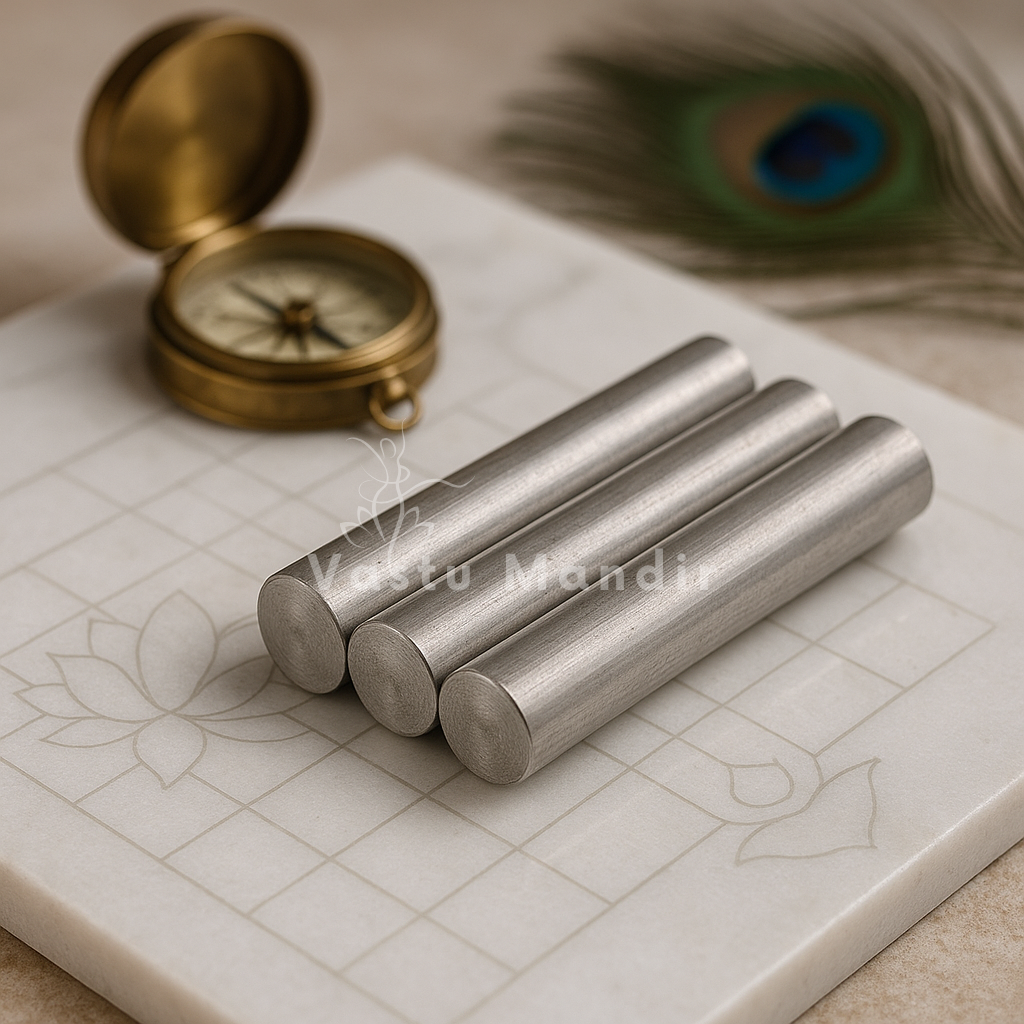 Three iron Vastu round studs arranged on engraved marble