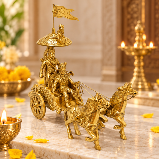 Krishna and Arjuna's Pure Brass 2-Horses Rath Statue Idol Decorative Showpiece for Home, Office, Living Room | 21.5 x 7.6 x 22 cm | 1.350 kg