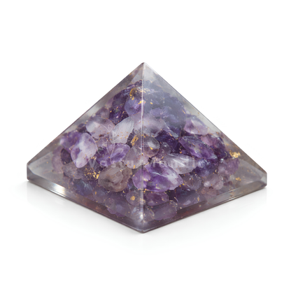 Amethyst Orgone Pyramid, amethyst crystal – detail view of the base and layered construction