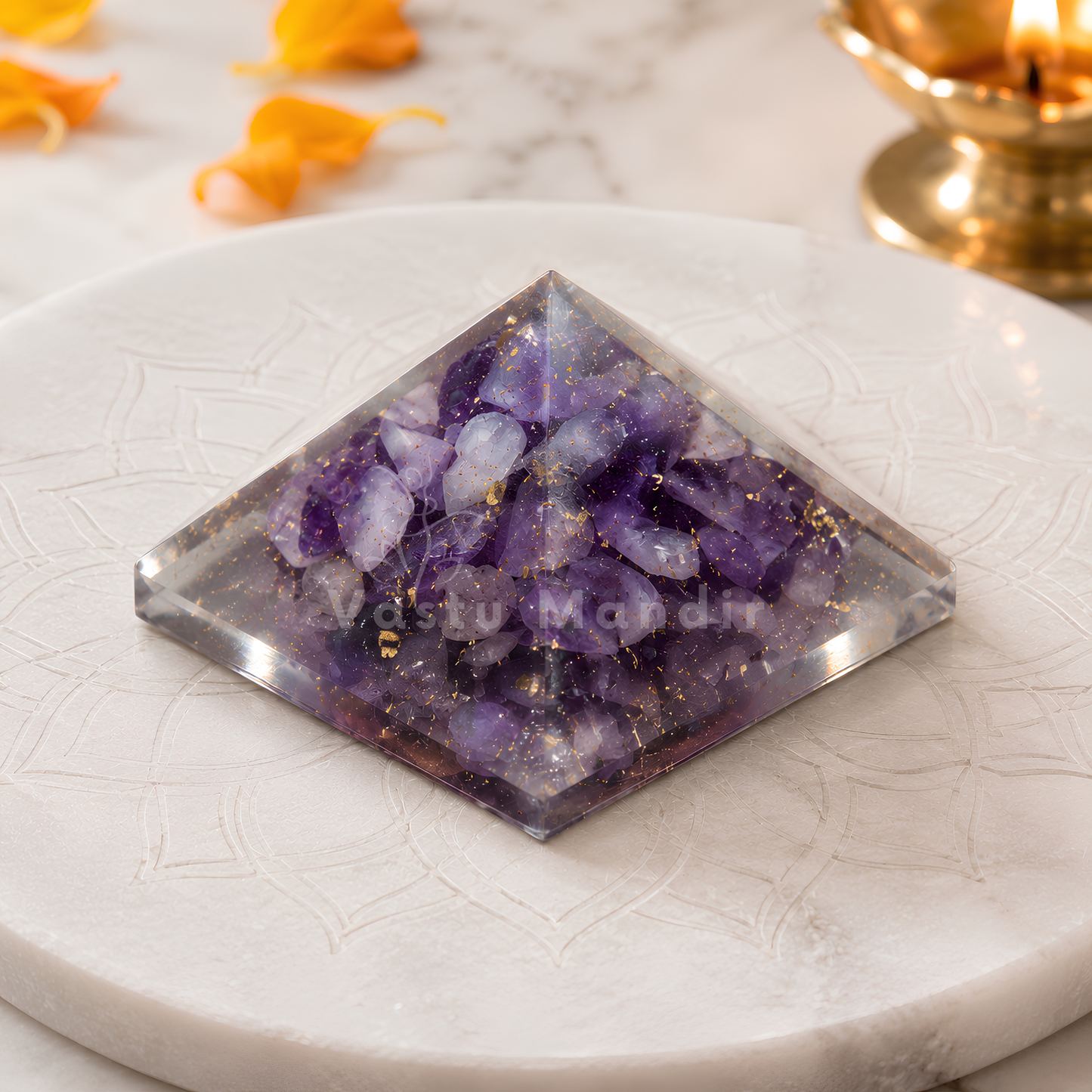 Amethyst Orgone Pyramid, amethyst crystal – front-left angled view showing two pyramid faces